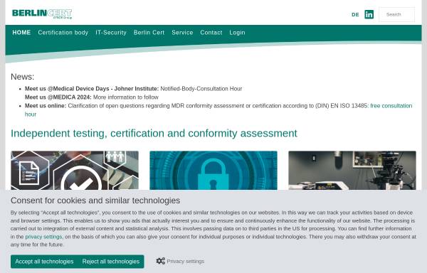 Vorschau von www.berlincert.de, Berlin Cert Prüf- und Zertifizierstelle für Medizinprodukte GmbH