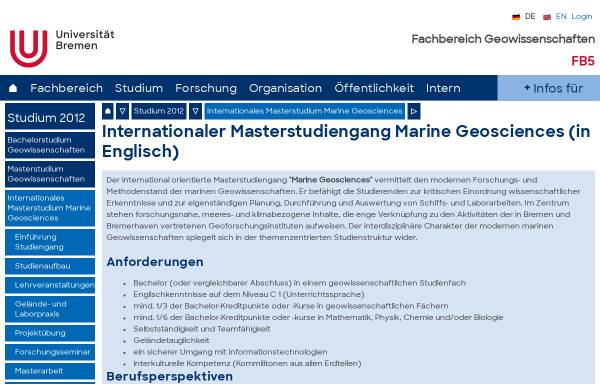 Vorschau von www.geo.uni-bremen.de, Environmental and Marine Geoscience an der Universität Bremen