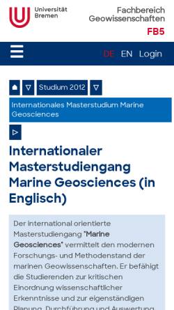 Vorschau der mobilen Webseite www.geo.uni-bremen.de, Environmental and Marine Geoscience an der Universität Bremen