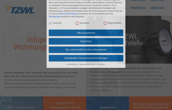 Vorschau von www.tzwl.de, Europäisches Testzentrum für Wohnungslüftungsgeräte (TZWL)