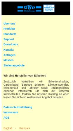 Vorschau der mobilen Webseite www.etisys.de, Etisys Etikettierlösungen GmbH
