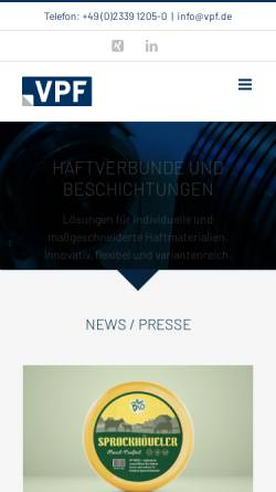 Vorschau der mobilen Webseite www.vpf.de, VPF Veredelungsgesellschaft mbH für Papiere und Folien & Co. KG