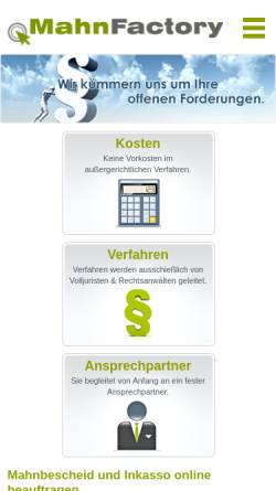 Vorschau der mobilen Webseite www.mahnfactory.de, Mahnfactory Inh. RAe Völsing und Meyer-Staufenbiel