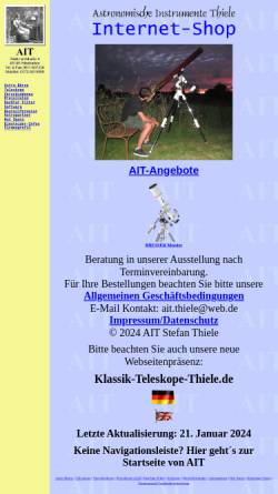 Vorschau der mobilen Webseite www.ait-trading.com, AIT Astronomische Instrumente Thiele, Inh. Stefan Thiele