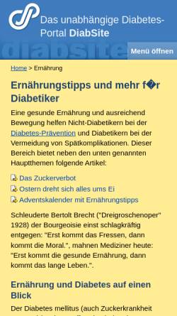 Vorschau der mobilen Webseite www.diabsite.de, Tipps zur Ernährung bei Diabetes mellitus