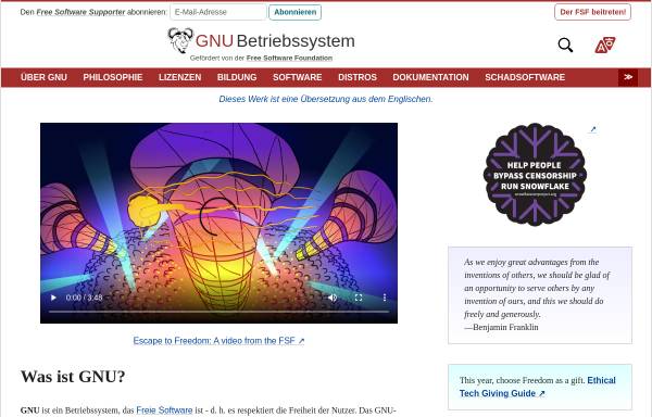 Vorschau von www.gnu.org, Das GNU Project