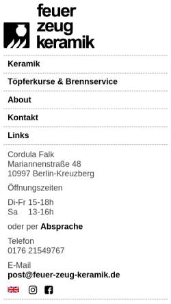 Vorschau der mobilen Webseite www.feuer-zeug-keramik.de, Feuer-Zeug-Keramik