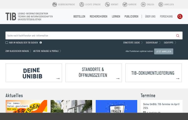 Vorschau von www.tib.eu, Technische Informationsbibliothek und Universitätsbibliothek Hannover (TIB/UB)
