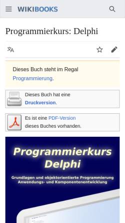 Vorschau der mobilen Webseite de.wikibooks.org, Programmierkurs: Delphi