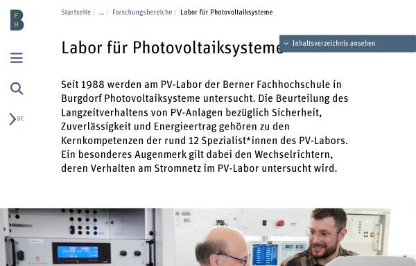 Vorschau von www.pvtest.ch, Photovoltaiklabor der Hochschule für Technik und Architektur (HTA) Burgdorf