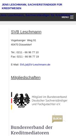 Vorschau der mobilen Webseite www.sv-leschmann.de, Sachverständigenbüro Leschmann, Kreditsachverständige