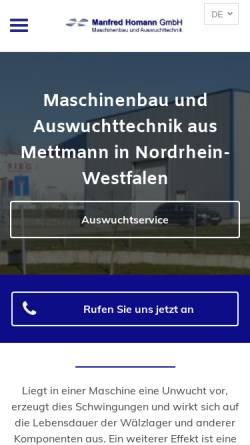 Vorschau der mobilen Webseite www.manfred-homann.de, Manfred Homann GmbH - Maschinenbau und Auswuchttechnik