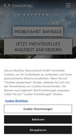 Vorschau der mobilen Webseite www.ssangyong.de, Ssangyong Motors Deutschland GmbH
