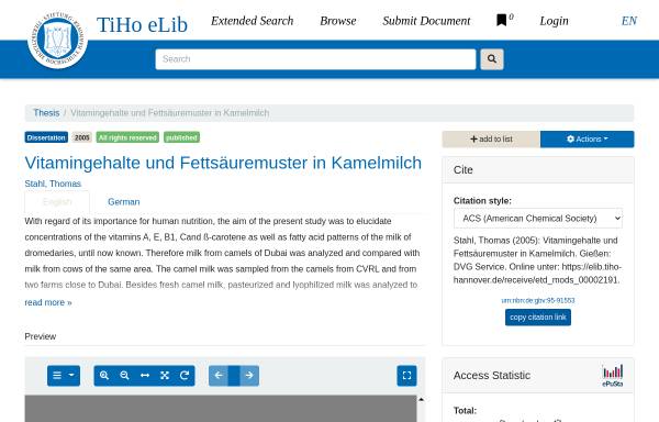 Vorschau von elib.tiho-hannover.de, Vitamingehalte und Fettsäuremuster in Kamelmilch