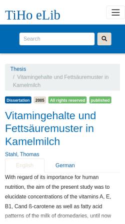 Vorschau der mobilen Webseite elib.tiho-hannover.de, Vitamingehalte und Fettsäuremuster in Kamelmilch