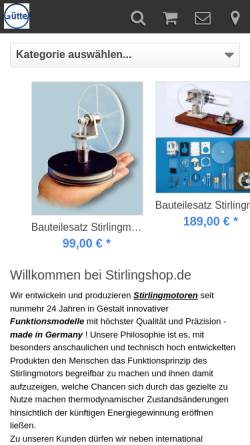 Vorschau der mobilen Webseite www.guette-feinwerktechnik.de, Stirlingmotoren