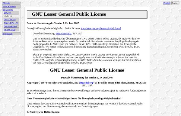 Vorschau von www.gnu.de, GNU Lesser General Public License - GNU LGPL