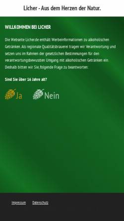 Vorschau der mobilen Webseite www.licher.de, Licher Privatbrauerei Jhring-Melchior GmbH & Co. KG