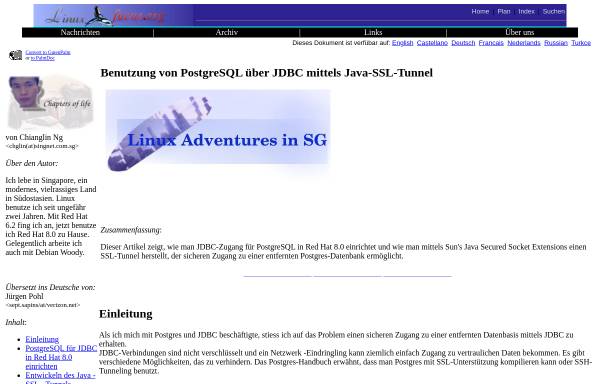 Vorschau von www.linuxfocus.org, Linuxfocus: Benutzung von PostgreSQL über JDBC mittels Java-SSL-Tunnel