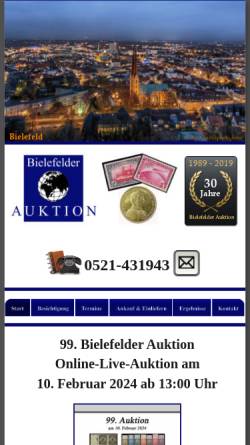Vorschau der mobilen Webseite www.bielefelder-auktion.de, Bielefelder Briefmarken+Münzen-Auktion