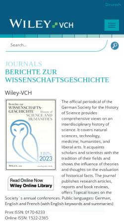 Vorschau der mobilen Webseite www.wiley-vch.de, Berichte zur Wissenschaftsgeschichte