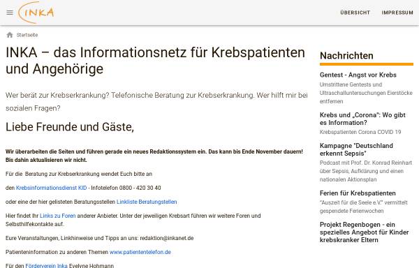 Vorschau von www.inkanet.de, INKA: Informationsnetz für Krebspatienten und Angehörige