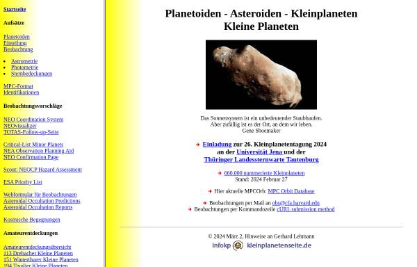 Vorschau von www.kleinplanetenseite.de, Asteroiden