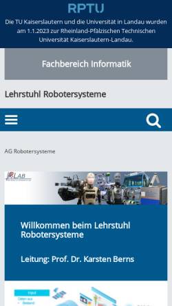Vorschau der mobilen Webseite agrosy.informatik.uni-kl.de, Arbeitsgruppe Robotersysteme an der Technischen Universität Kaiserslautern