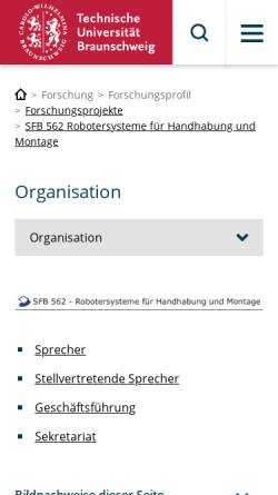 Vorschau der mobilen Webseite www.tu-braunschweig.de, Sonderforschungsbereich 562 - Robotersysteme für Handhabung und Montage
