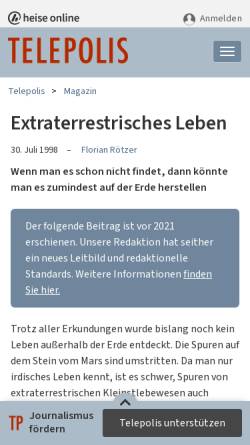 Vorschau der mobilen Webseite www.heise.de, Außerirdische Lebensformen simulieren