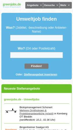 Vorschau der mobilen Webseite www.greenjobs.de, Jobbörse für Umweltfachkräfte