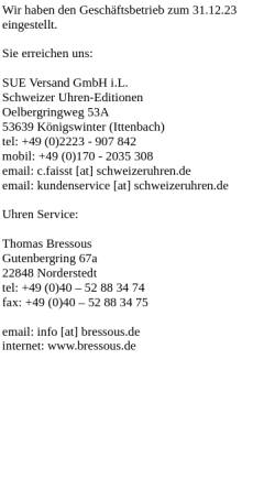 Vorschau der mobilen Webseite www.schweizeruhren.de, SUE Versand GmbH