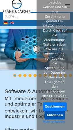 Vorschau der mobilen Webseite www.fraenz-jaeger.de, Fränz & Jaeger GmbH Dezentrale Automation