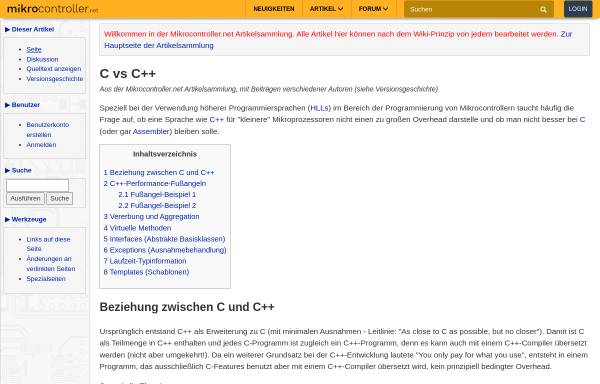 Vorschau von www.mikrocontroller.net, C versus C++