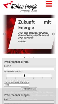 Vorschau der mobilen Webseite www.koethenergie.de, Köthen Energie GmbH