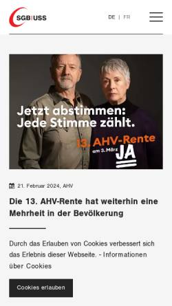 Vorschau der mobilen Webseite www.sgb.ch, Schweizerischer Gewerkschaftsbund [SGB]
