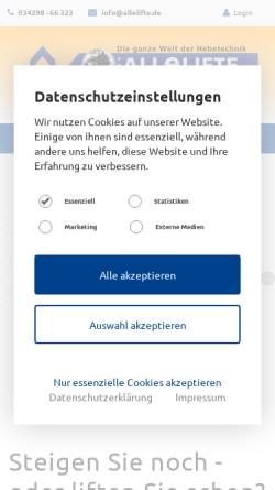 Vorschau der mobilen Webseite www.alleweld.de, Alleweld Hebe- und Montagetechnik