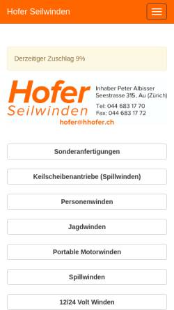 Vorschau der mobilen Webseite www.hhofer.ch, Hofer Seilwinden & Hebezeuge