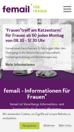 Vorschau der mobilen Webseite www.femail.at, Femail Fraueninformationszentrum Vorarlberg