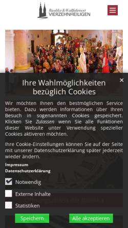 Vorschau der mobilen Webseite www.vierzehnheiligen.de, Basilika und Franziskanerkloster Vierzehnheiligen