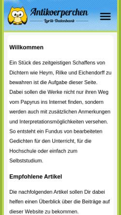 Vorschau der mobilen Webseite lyrik.antikoerperchen.de, Lyrik-Datenbank und Hilfe zur Gedicht-Interpretation