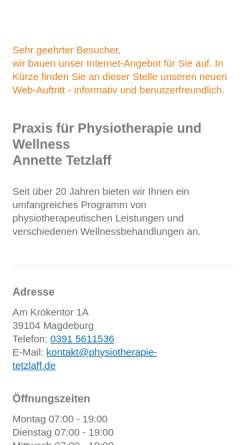 Vorschau der mobilen Webseite www.physiotherapie-tetzlaff.de, Praxis für Physiotherapie und Wellness