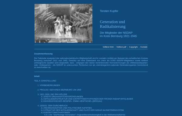 Vorschau von www.nsdap-mitgliederstruktur.de, Generation und Radikalisierung, Fallstudie von Torsten Kupfer über die Mitglieder der NSDAP im Kreis Bernburg 1921-1945