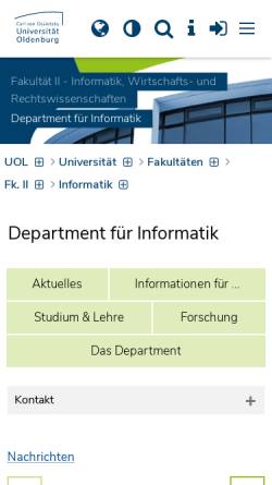 Vorschau der mobilen Webseite www.informatik.uni-oldenburg.de, Department Informatik der Universität Oldenburg