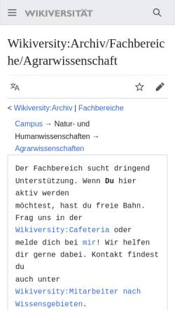 Vorschau der mobilen Webseite de.wikiversity.org, Wikiversity: Fachbereich Agrarwissenschaften
