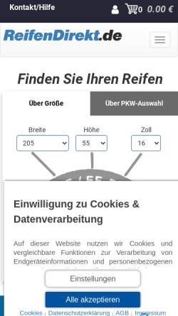 Vorschau der mobilen Webseite www.reifendirekt.de, Reifendirekt, Delticom AG