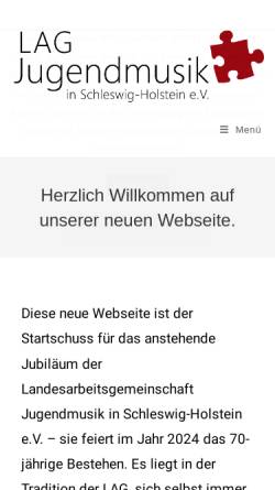 Vorschau der mobilen Webseite www.jugendmusik-sh.de, LAG JugendMusik in Schleswig-Holstein e.V.