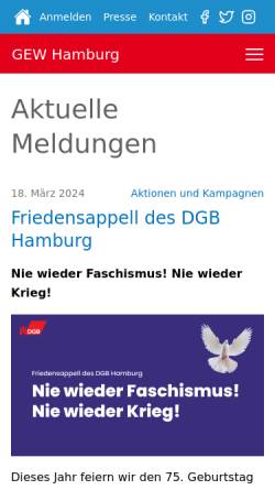 Vorschau der mobilen Webseite www.gew-hamburg.de, Gewerkschaft Erziehung und Wissenschaft