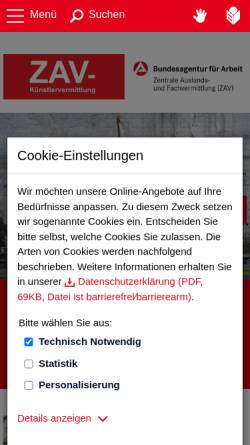 Vorschau der mobilen Webseite zav.arbeitsagentur.de, Künstlervermittlung der Zentralen Auslands- und Fachvermittlung (ZAV)