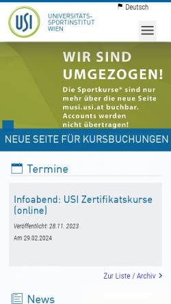 Vorschau der mobilen Webseite www.univie.ac.at, Universitätssport-Institut Wien